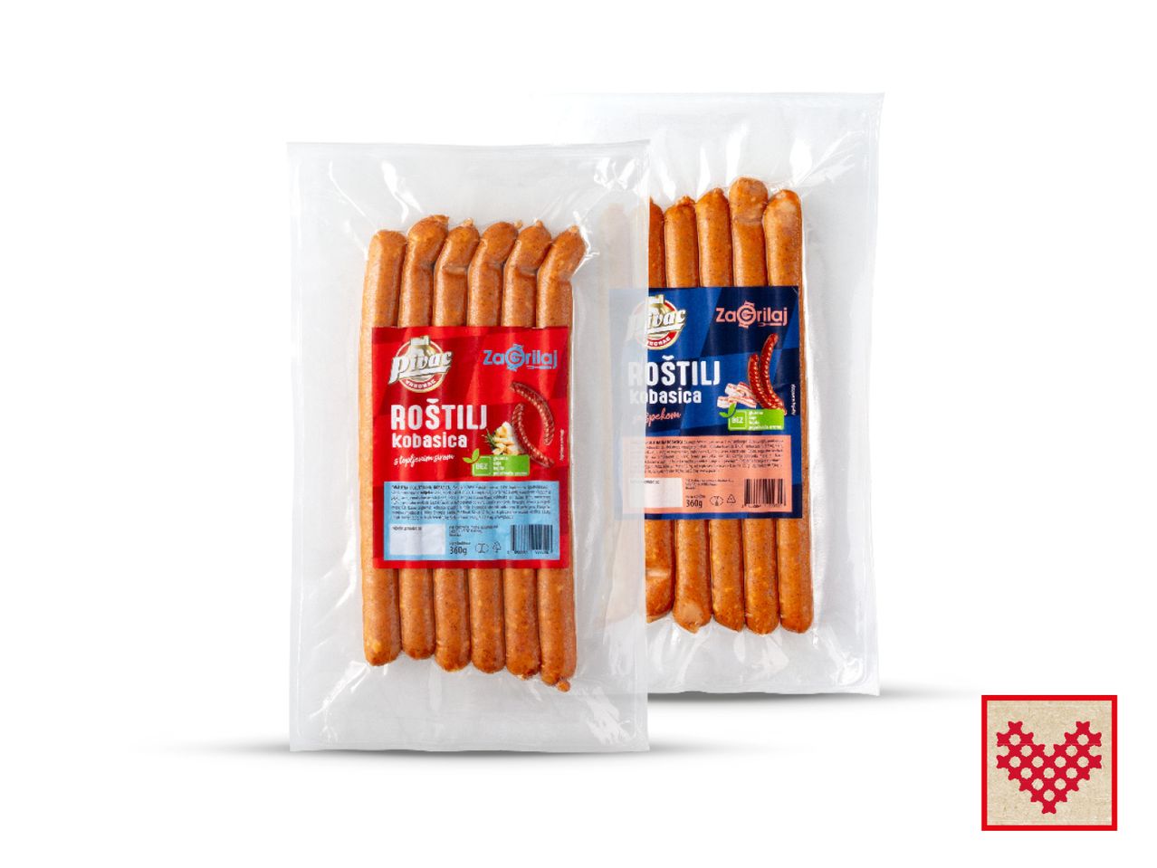 Pakiranja kobasica za roštilj 'Pivac ZaGrilaj' s oznakama bez glutena i bez laktoze.