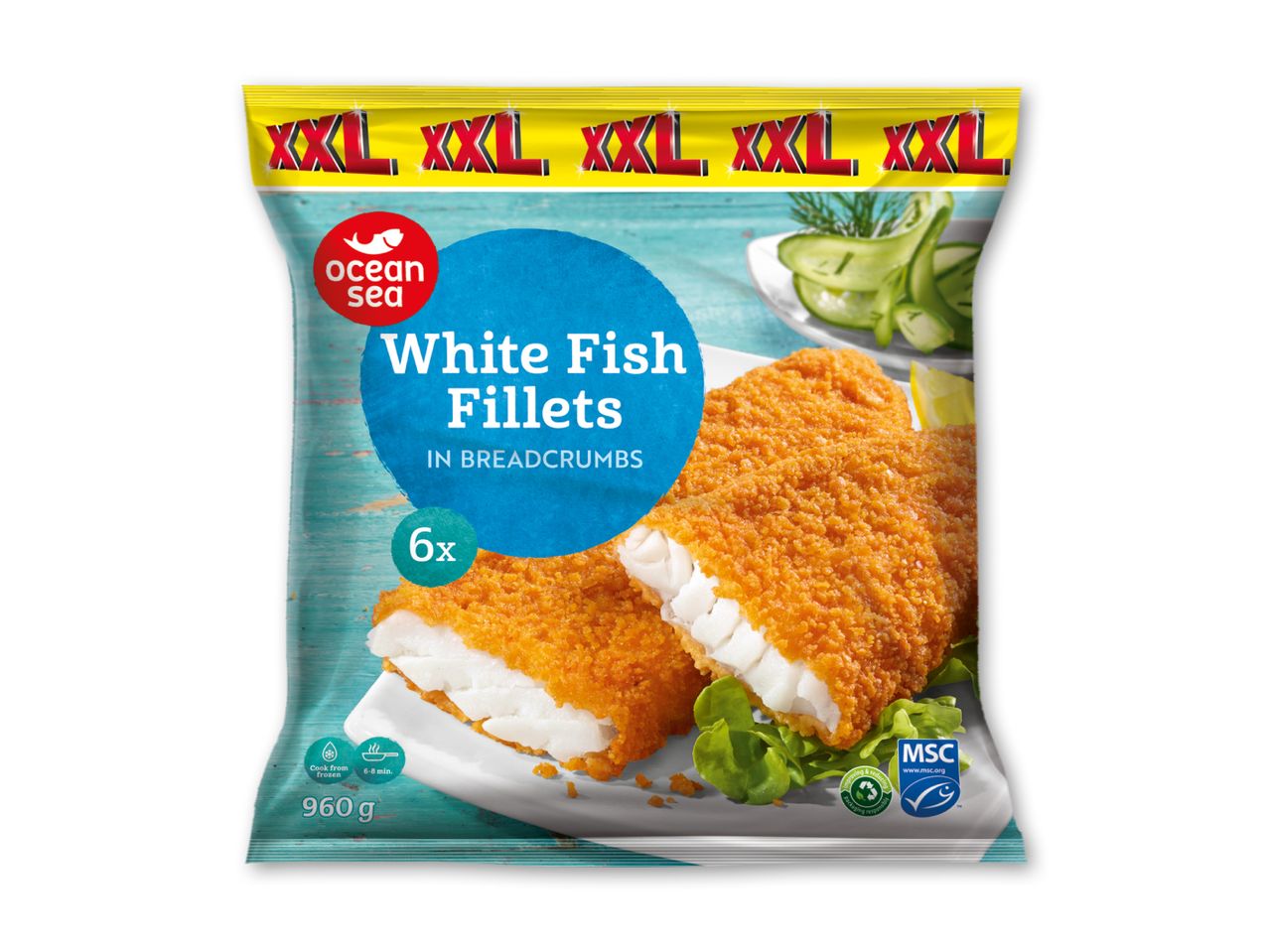 XXL hvide fiskefileter i rasp, 6 stk., 960g, klar fra frost på 6-8 minutter.