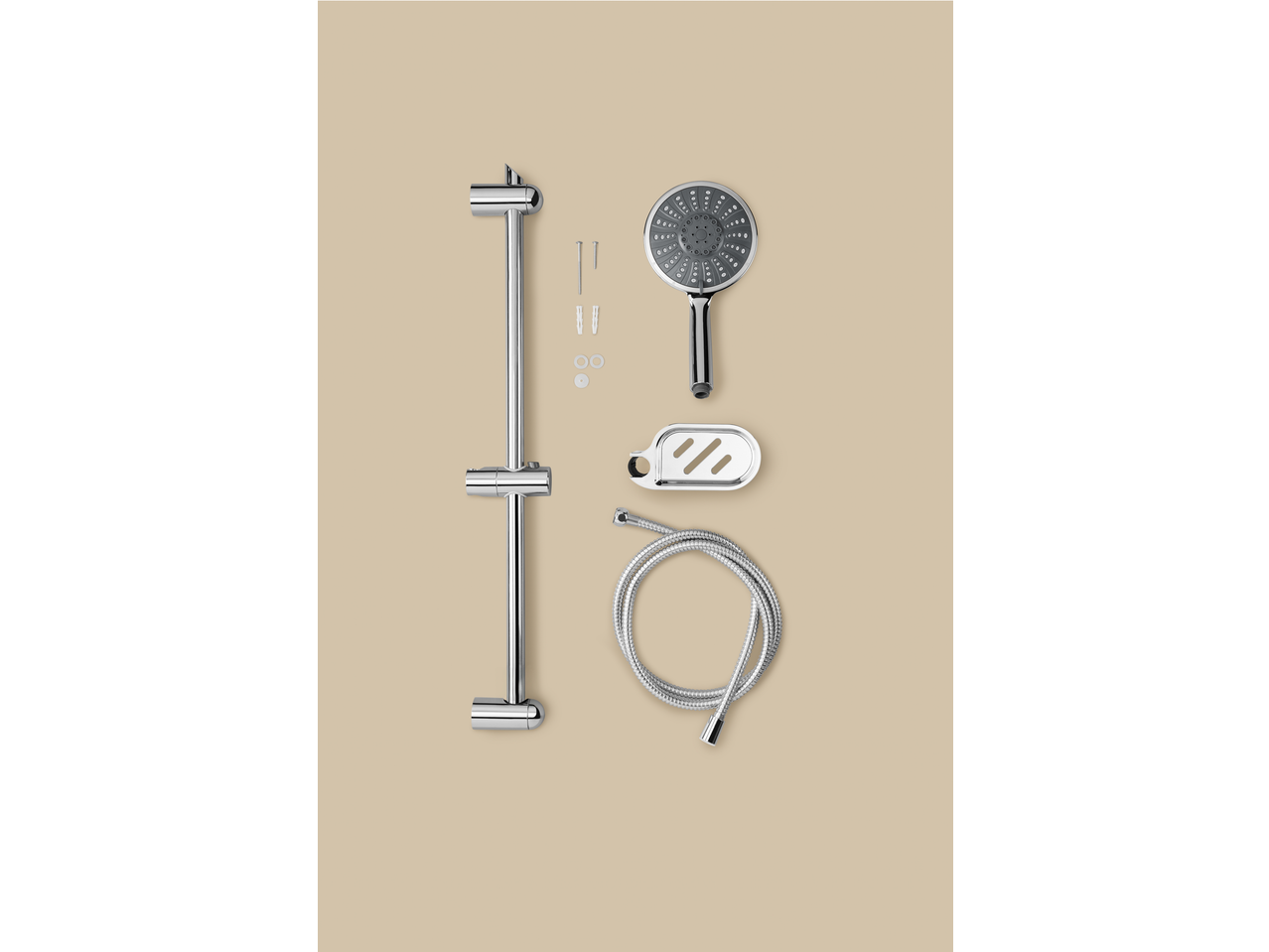 Livarno multifunction shower head with shower rail, hose, soap dish, screws, and wall plugs.