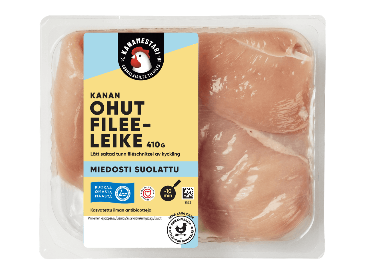 K-Supermarketin luomu kananfileesuikaleita pakkauksessa.