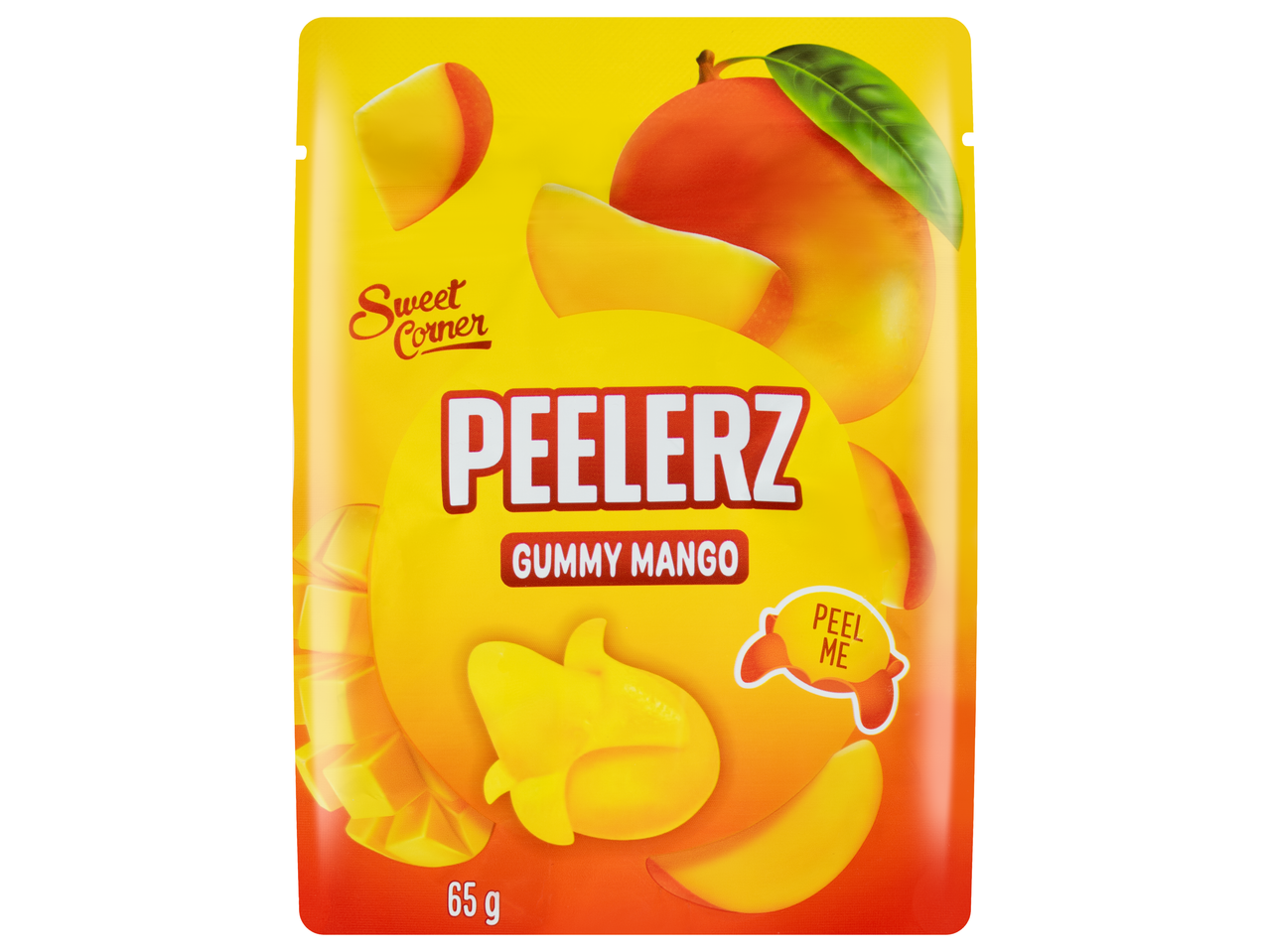 Sweet Corner Peelerz Gummy Mango cukorka csomagolás mangó gyümölccsel és gumicukor formákkal.