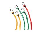 Assortment of bungee cords with hooks in various colors.