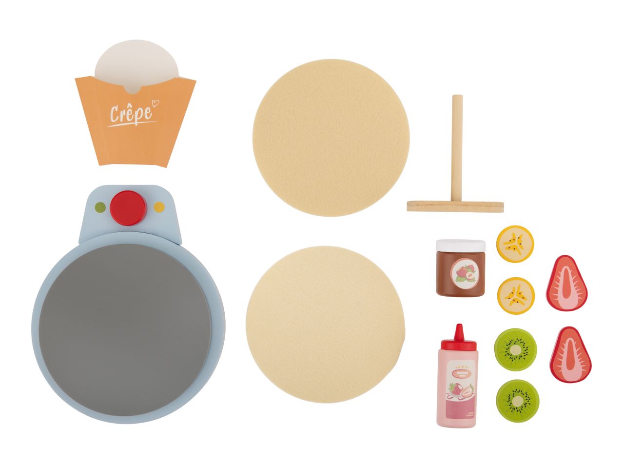 Toy crepe maker set with crepes, fruit toppings, chocolate spread, and strawberry sauce.