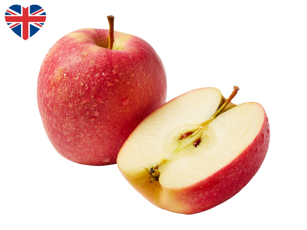 Fresh British red apples, one whole and one halved, with water droplets.