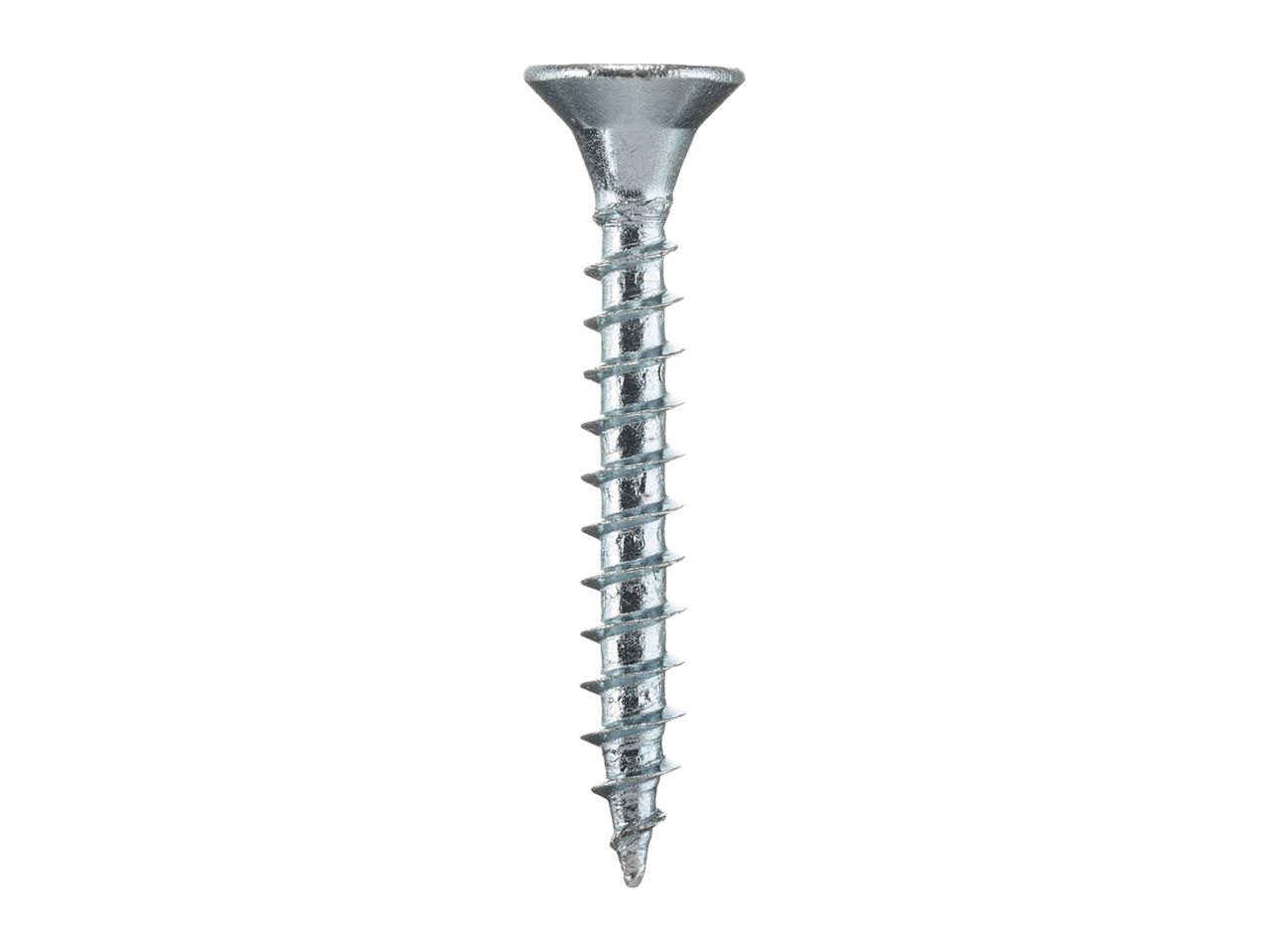 A single silver screw with a pointed tip and threaded shaft.