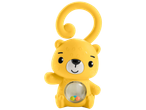 Yellow bear-shaped baby rattle with a clear belly containing colorful beads.