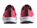 Pair of pink and black athletic shoes with white soles, rear view.