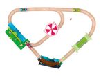 Overhead view of a wooden toy train track set with two race cars, a bridge, and a tunnel.