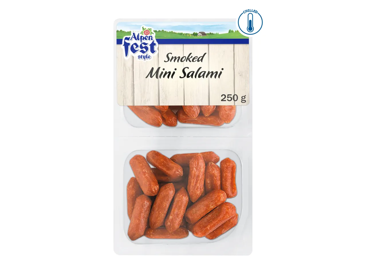 Two packages of Alpenfest Smoked Mini Salami, 250g each.