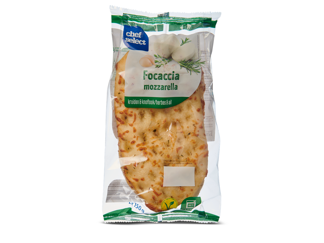 Chef Select Focaccia mozzarella met kruiden en knoflook in verpakking.