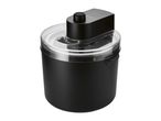 Black ice cream maker with a transparent lid and a control knob on top.
