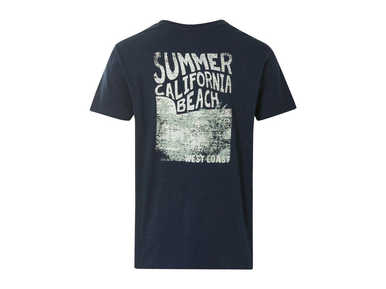 Navy blue t-shirt with 'Summer California Beach' graphic.