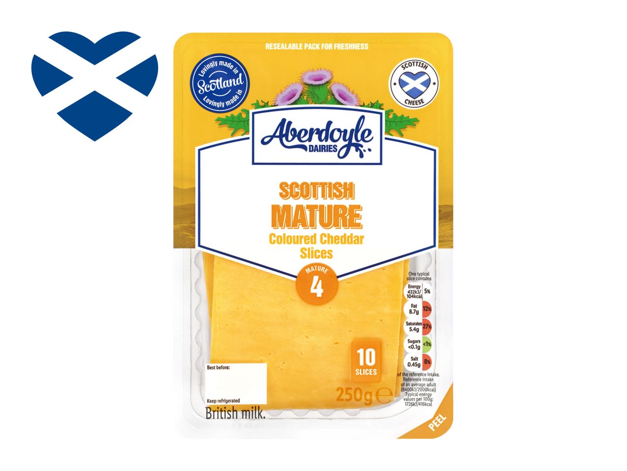 Aberdoyle Dairies Scottish Mature Coloured Cheddar slices.