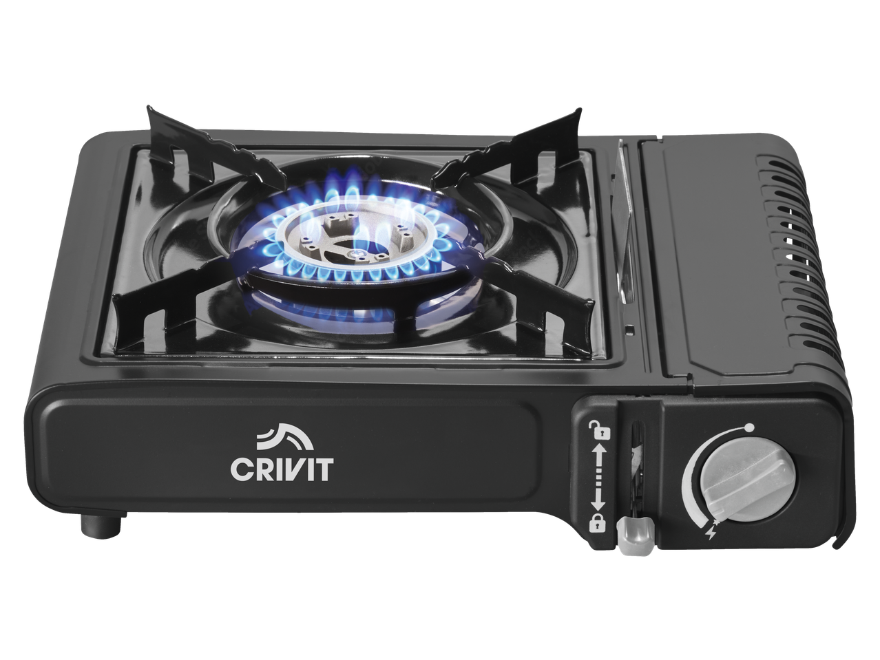 Réchaud de camping CRIVIT à un feu avec une flamme bleue.