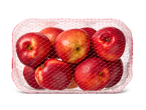 Een plastic bakje met een rood netje eromheen, gevuld met rode nectarines.