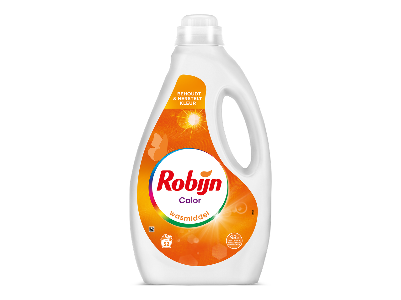 Wasmiddel voor gekleurde was in een witte fles met oranje etiket, met de tekst 'behoudt & herstelt kleur' en '52 wasbeurten'.