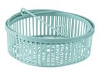 Light blue plastic laundry basket with a foldable handle on a white background.