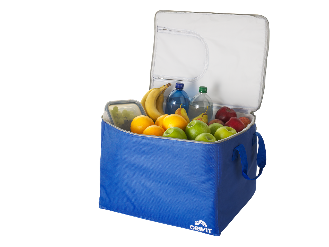 Geantă frigorifică albastră plină cu fructe proaspete, struguri și sticle de apă.