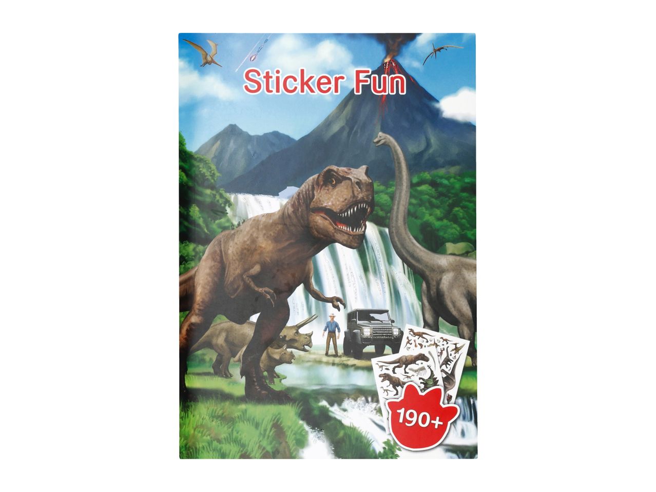 Dinosaur-themed sticker book with 190+ stickers, featuring a T-Rex, long-necked dinosaur, and volcano.