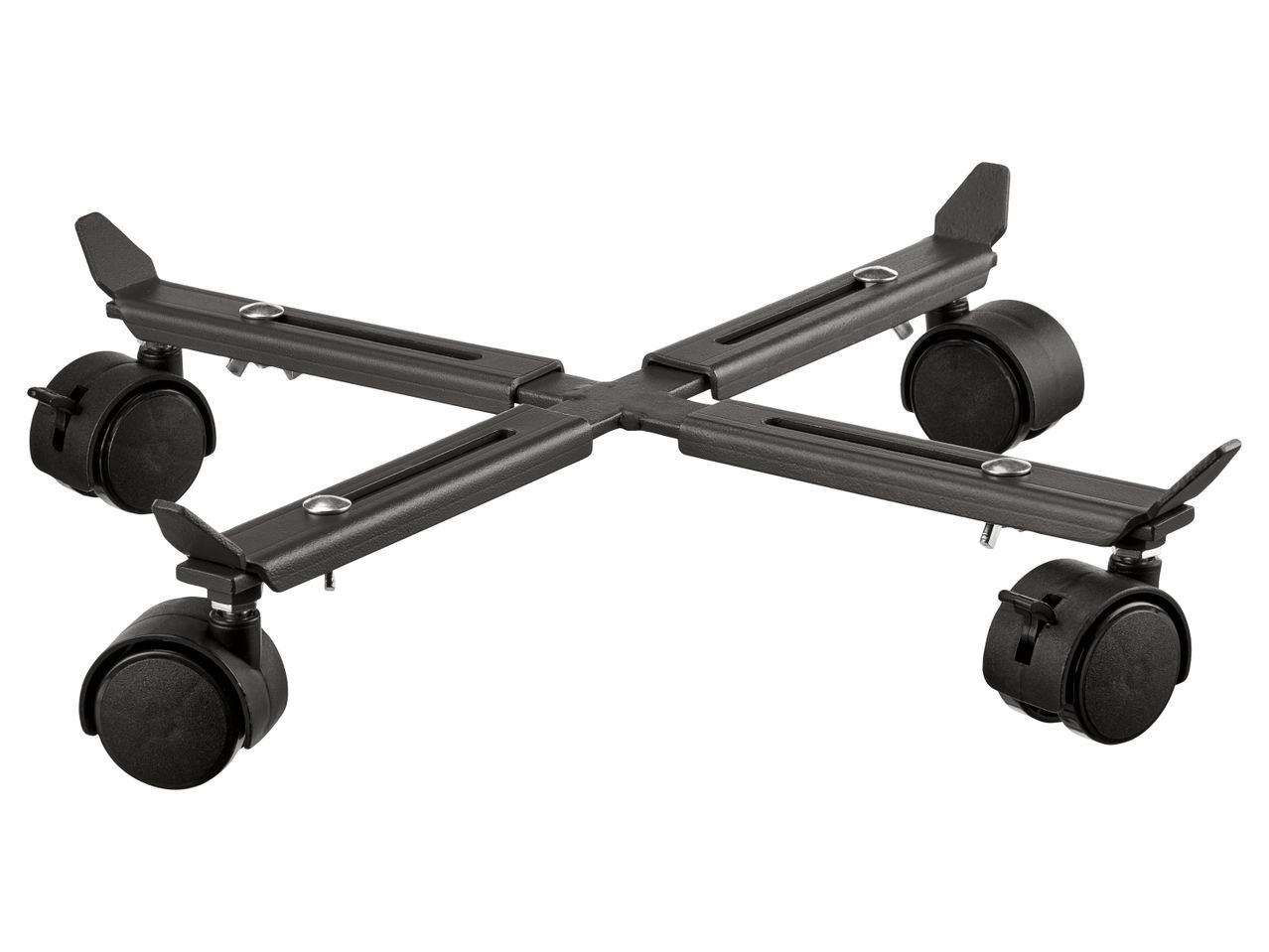 Black adjustable CPU stand with four caster wheels, two of which have locks.