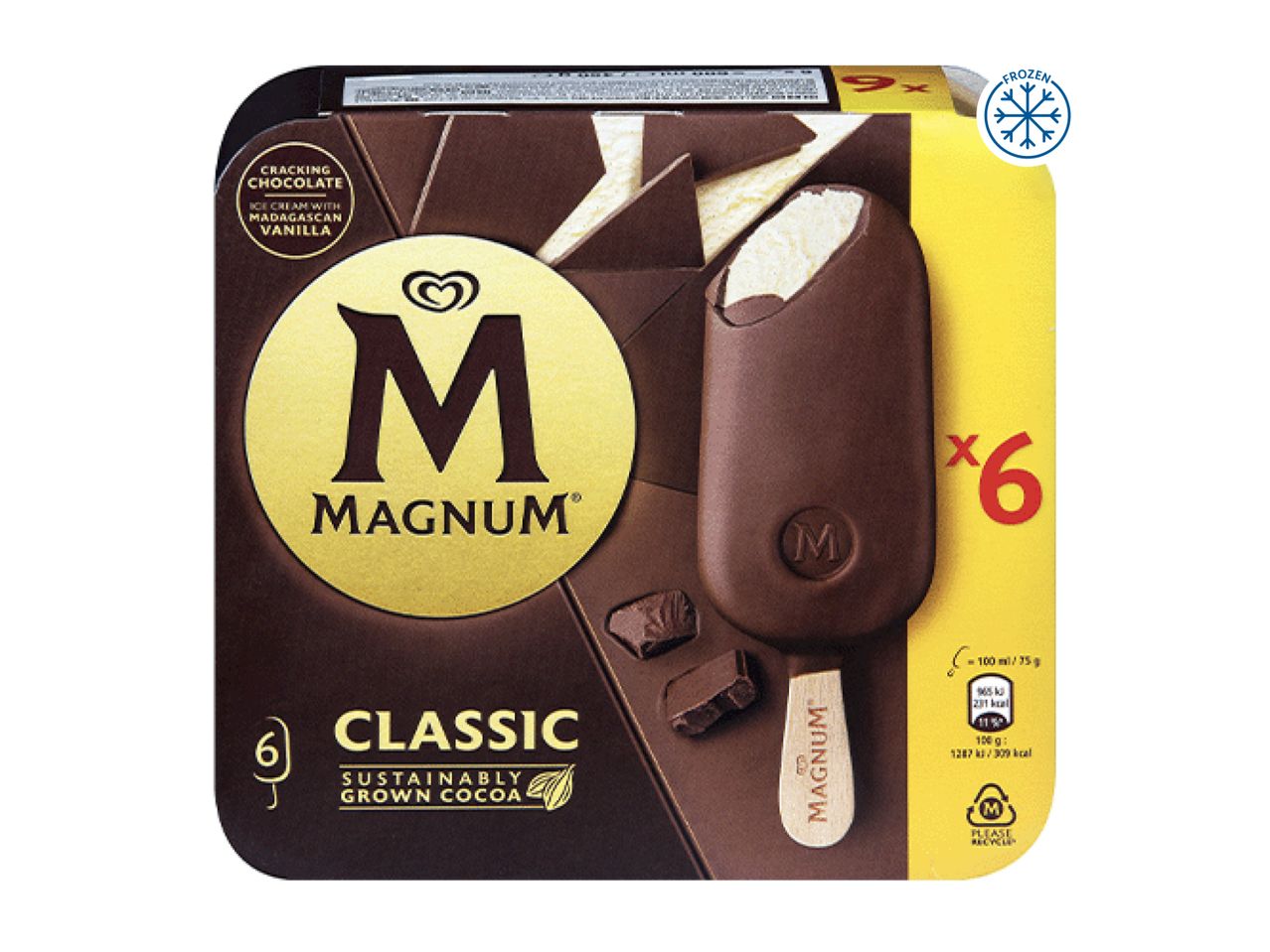 Magnum Classic ice cream multipack with 6 bars, featuring cracking chocolate and Madagascan vanilla.