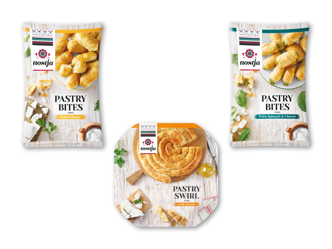 Tre pakker frosne butterdejssnacks: to med små bidder (ost og spinat/ost) og en med en stor ostespiral.