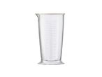 A clear plastic measuring cup with a light-colored rim and volume markings up to 700ml.