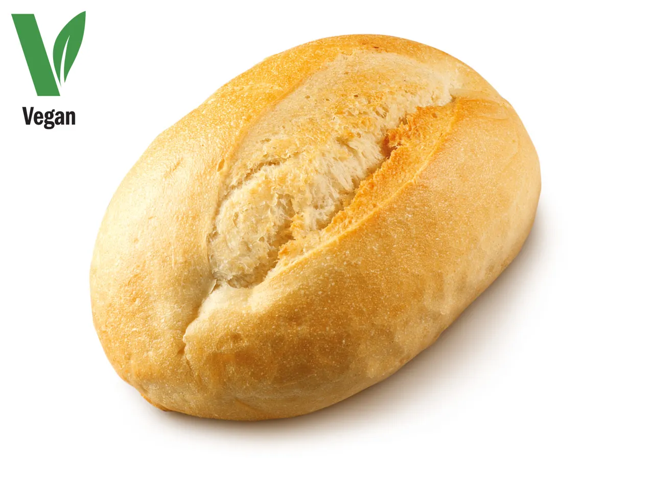 Vegan bread roll with a golden crust, isolated on a white background.