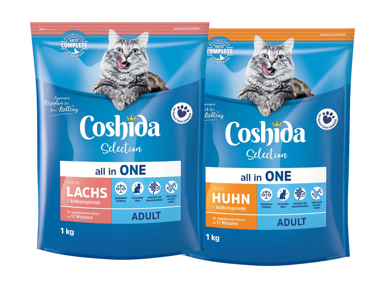 Zwei 1kg Packungen Coshida Selection Katzenfutter, eine mit Lachs und eine mit Huhn.