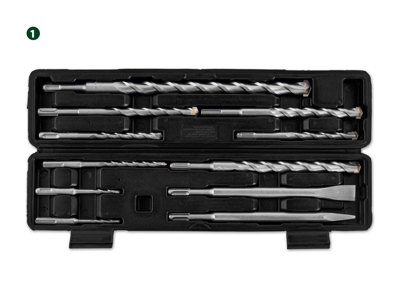 Ein Satz Bohrhammer-Bits in einer schwarzen Aufbewahrungsbox.