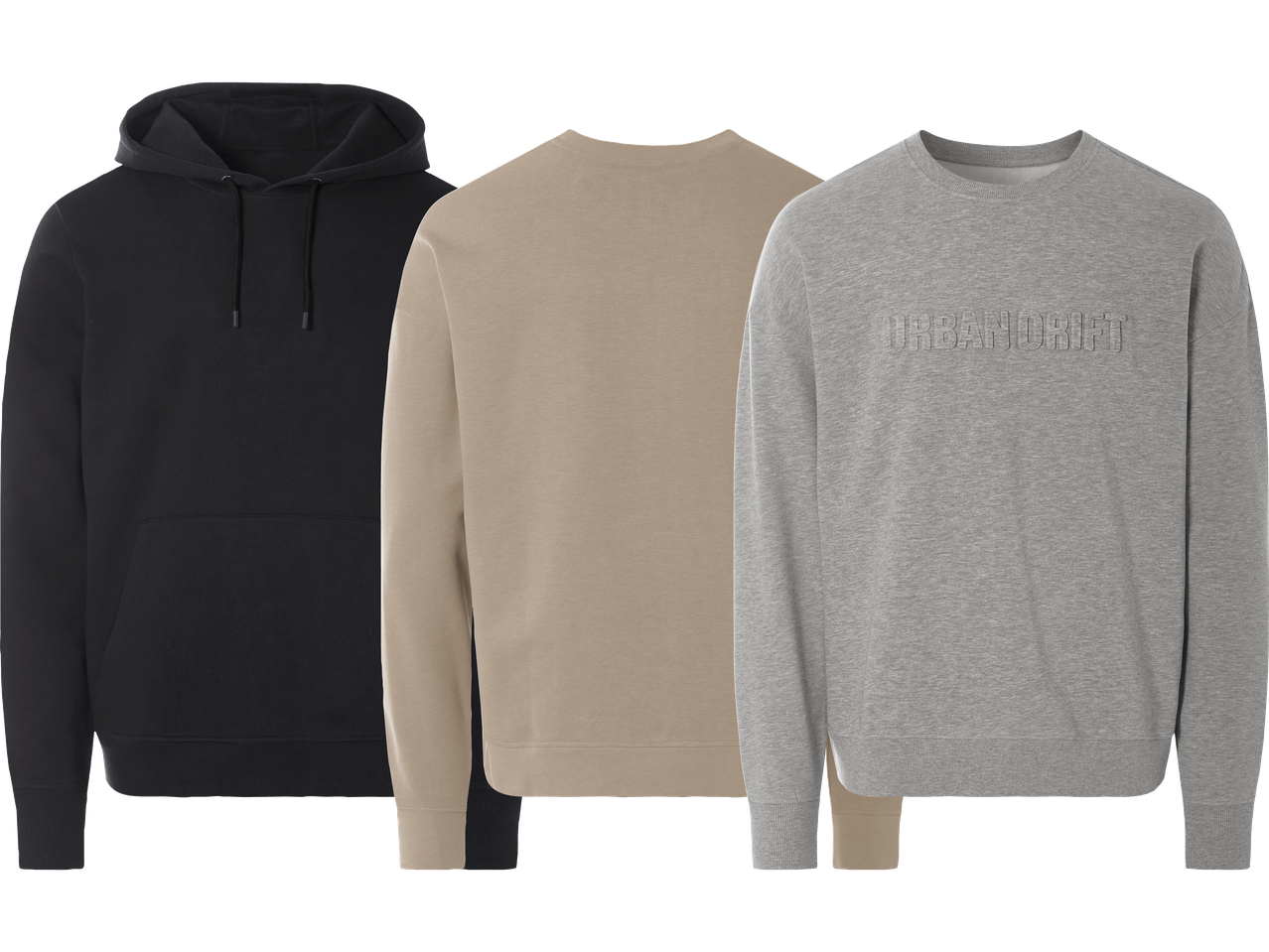 Tre Urban Drift tröjor: en svart huvtröja, en beige och en gråmelerad sweatshirt.