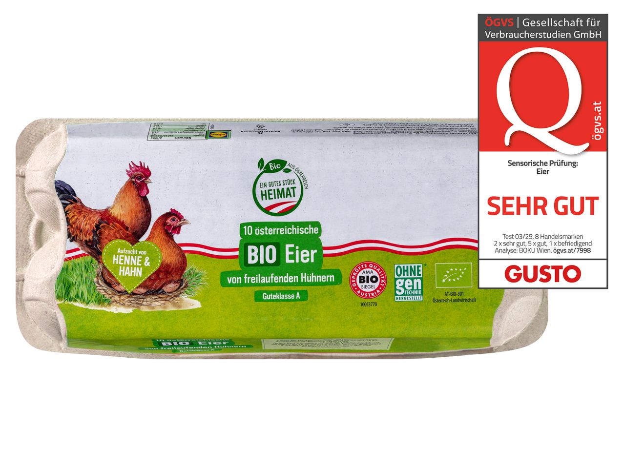 10 österreichische Bio-Eier von freilaufenden Hühnern, Henne & Hahn.