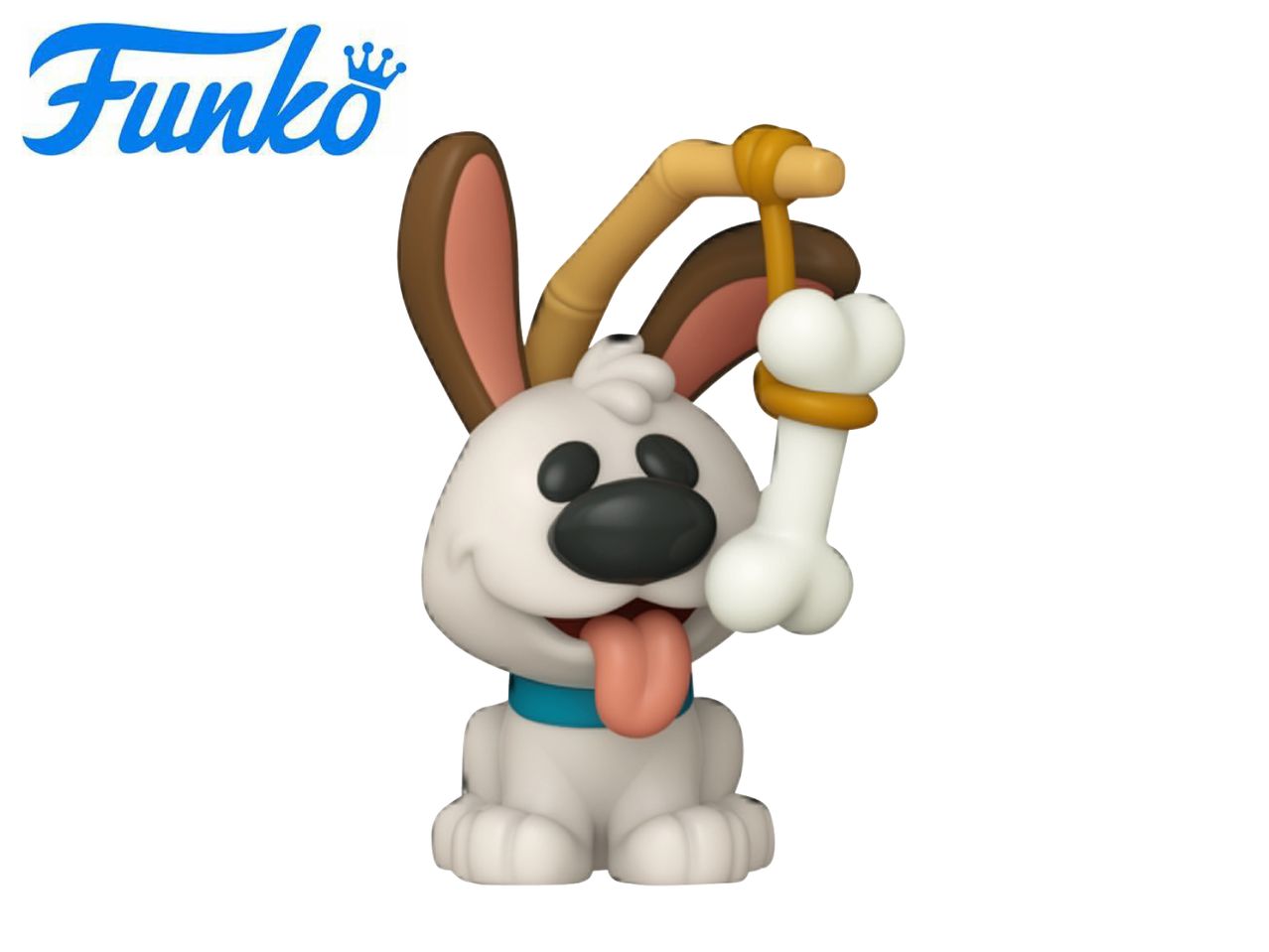 White dog figurine with brown ears, blue collar, and a bone on a stick.
