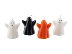 Four ghost-shaped Halloween candles in white, black, and orange colors.