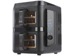 A black Salter dual-compartment air fryer with a digital display.