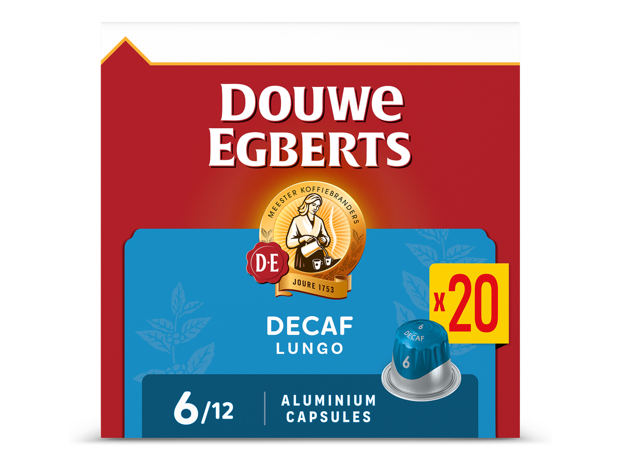 Verpakking van 20 decaf lungo koffiecapsules, intensiteit 6/12.
