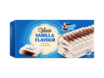 Vanille-ijs dessert met cacaolagen in een blauwe verpakking.