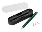 A green electric screwdriver with various bits in a black case with a clear lid.