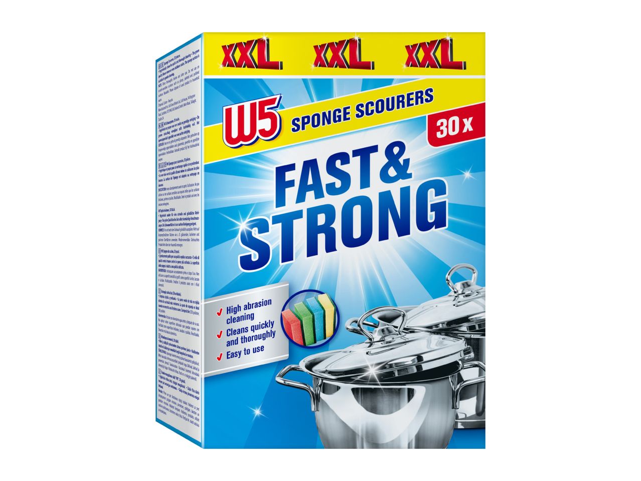W5 XXL Fast & Strong sponge scourers, 30 pieces, for high abrasion cleaning.