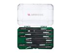 A set of black precision tweezers with protective caps in a green case with a clear lid.