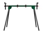 Green and black saw horse with adjustable supports and rollers on a white background.