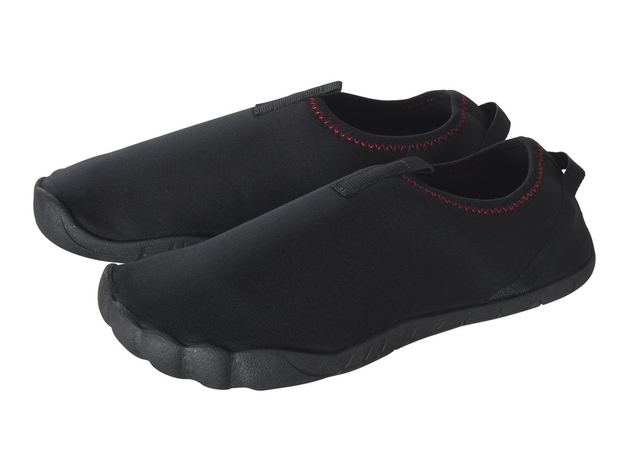 Pair of black water shoes with red stitching, designed for comfort and quick drying.