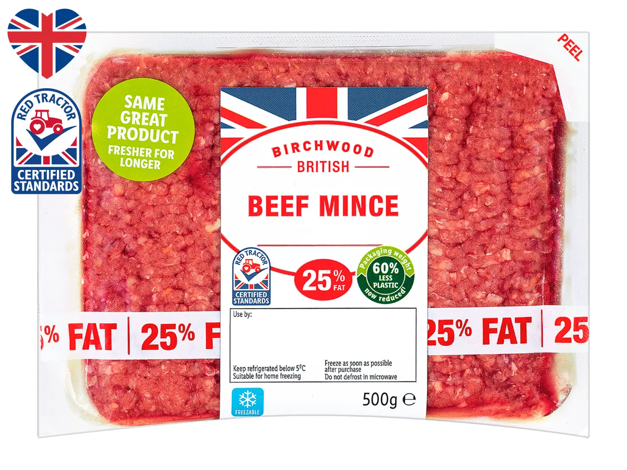 Birchwood British beef mince, 25% fat, Red Tractor certified.