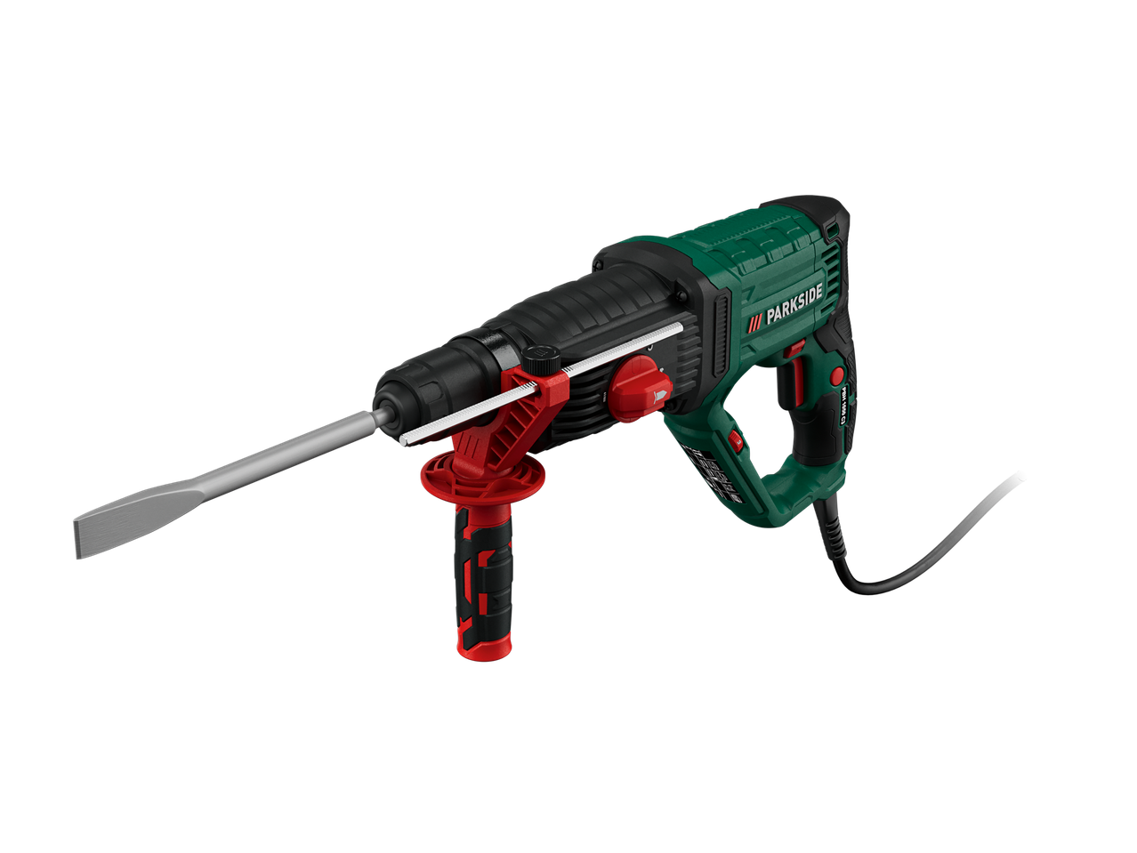 Perforateur burineur Parkside vert et noir avec poignée rouge et burin plat.