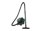 A green and black wet and dry vacuum cleaner with a long hose and floor nozzle.