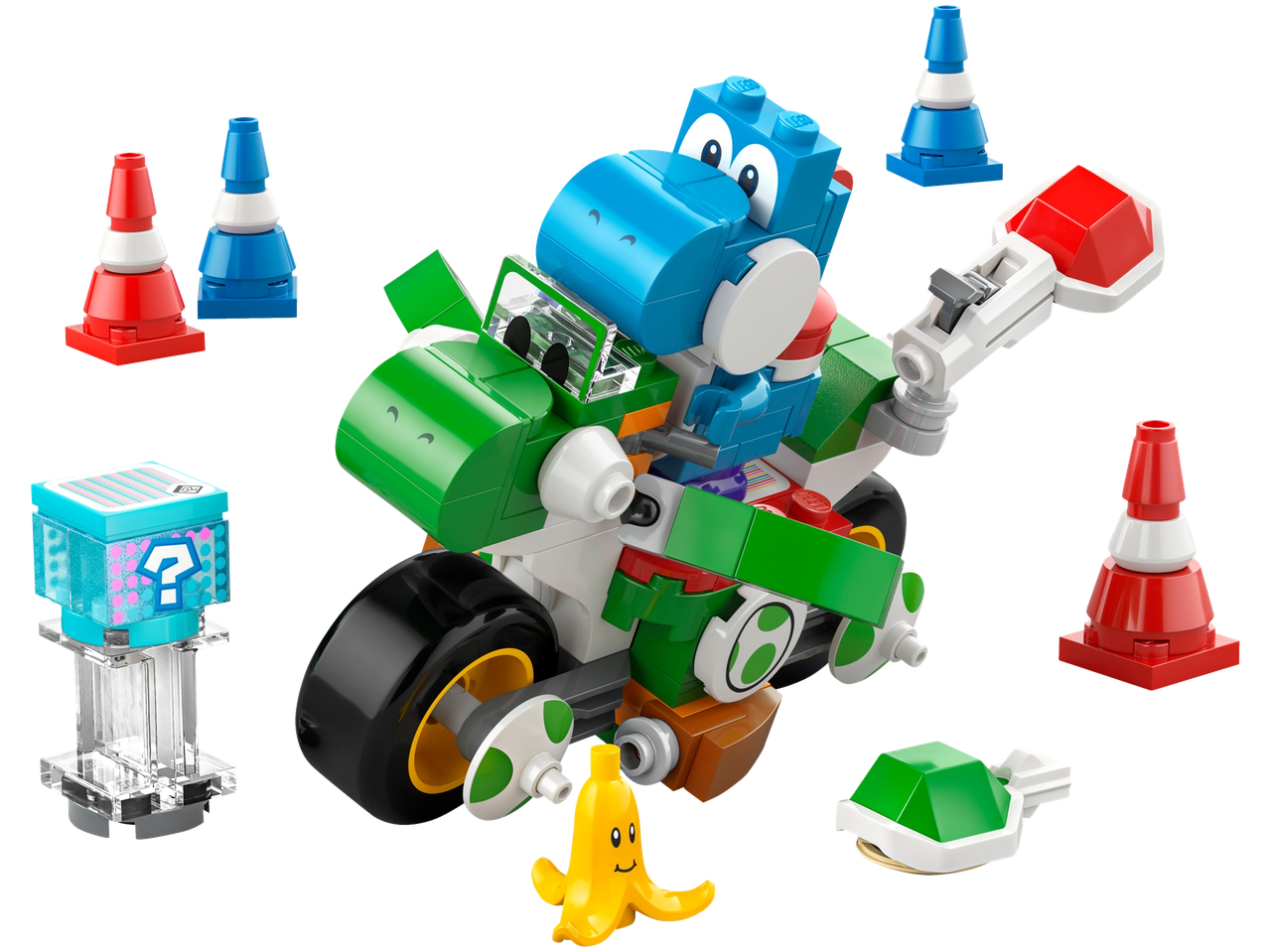Lego Super Mario Yoshi's Island Race set with blue Yoshi on a green motorcycle, cones, and a question block.