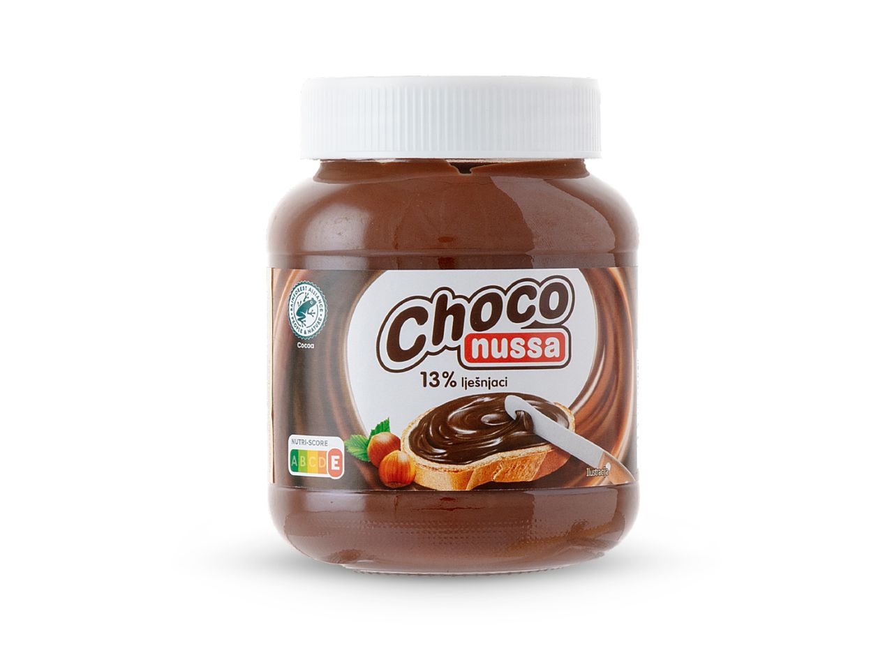 Staklenka čokoladnog namaza Choco nussa s 13% lješnjaka, s Nutri-Score oznakom i Rainforest Alliance certifikatom.