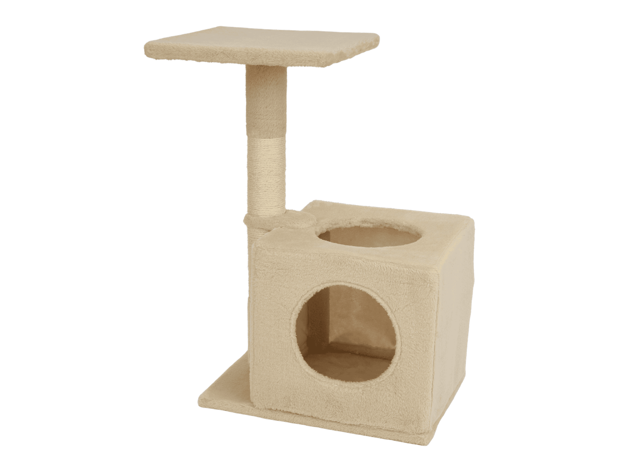 Beige värinen kissan kiipeilypuu, jossa on pehmustettu taso ja kaksi koloa.
