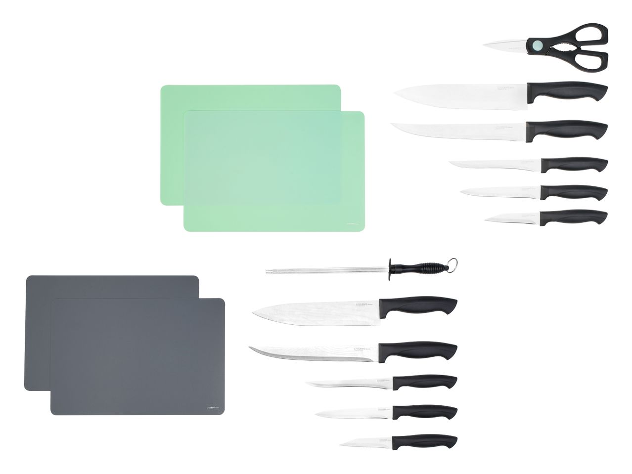 Ein Set aus Küchenmessern, einer Schere, einem Wetzstahl und zwei Schneidebrettern in Grün und Grau.
