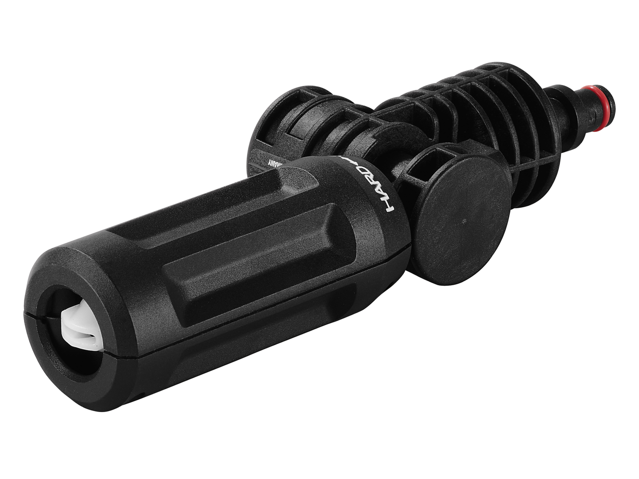 Черен накрайник за водоструйка с червен пръстен и бял елемент отпред